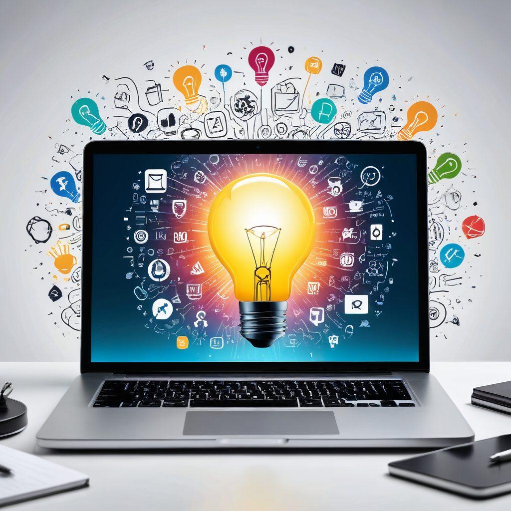An open laptop displaying a vibrant and visually appealing CV on the screen, surrounded by elements symbolizing personal branding such as a light bulb, a trophy, and networking icons. The background features abstract shapes and colors that convey transformation and success. Include motivational quotes in stylish typography around the laptop to emphasize growth and achievement. super-realistic. vibrant colors. white background.