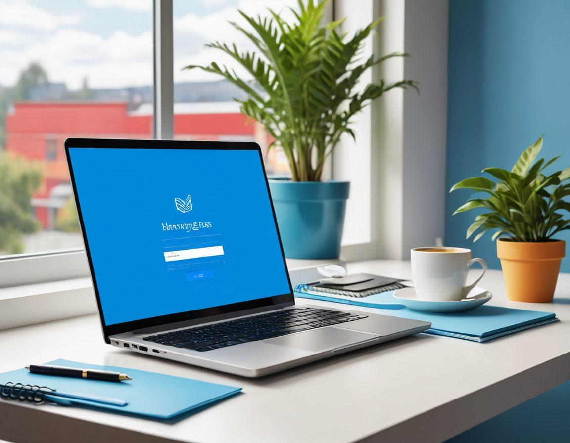 A visually striking Europass CV displayed on a sleek laptop screen, surrounded by colorful stationery, a cup of coffee, and a potted plant. The background features a bright, inspiring workspace with a window showing a sunny sky. Emphasize the importance of professionalism and creativity in job applications. super-realistic. vibrant colors. minimalist design.